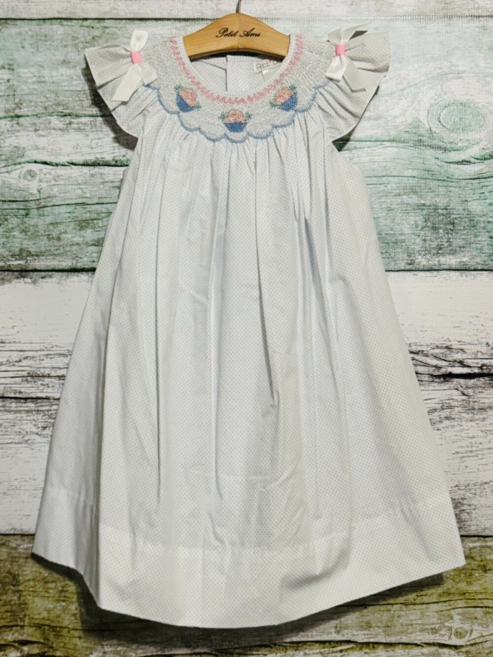 Petit Ami White Blue Dot Dress with Smocked Flower Baskets & Ribbon Bows 3T